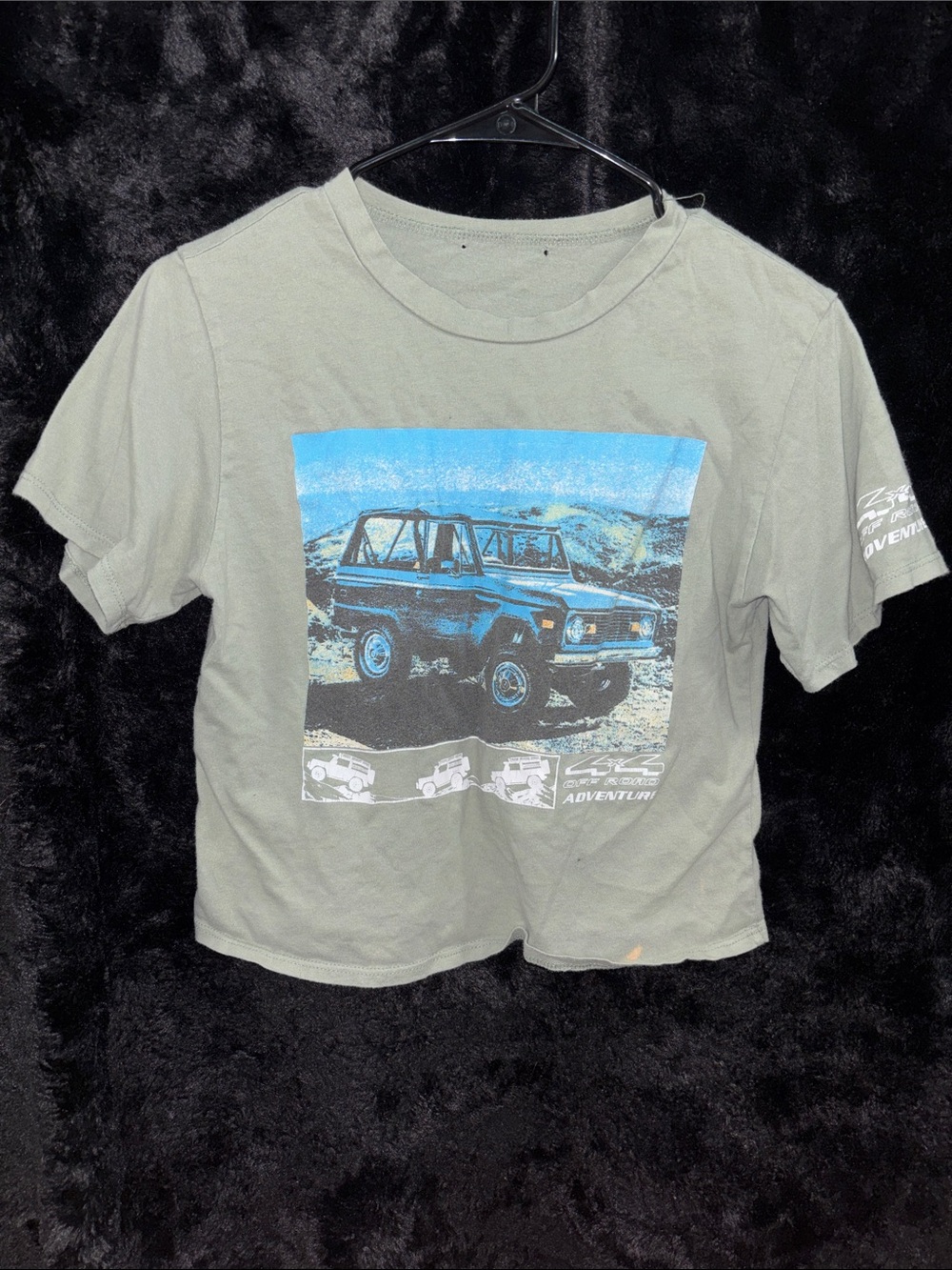 Y2K Graphic Off Road Adventure Baggy Crop-Top - Olive Green with Blue Print